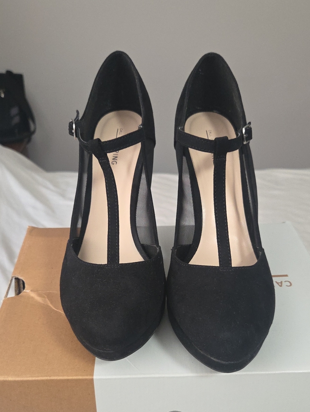 Call It Spring Black T-Strap Suede Women’s Heels